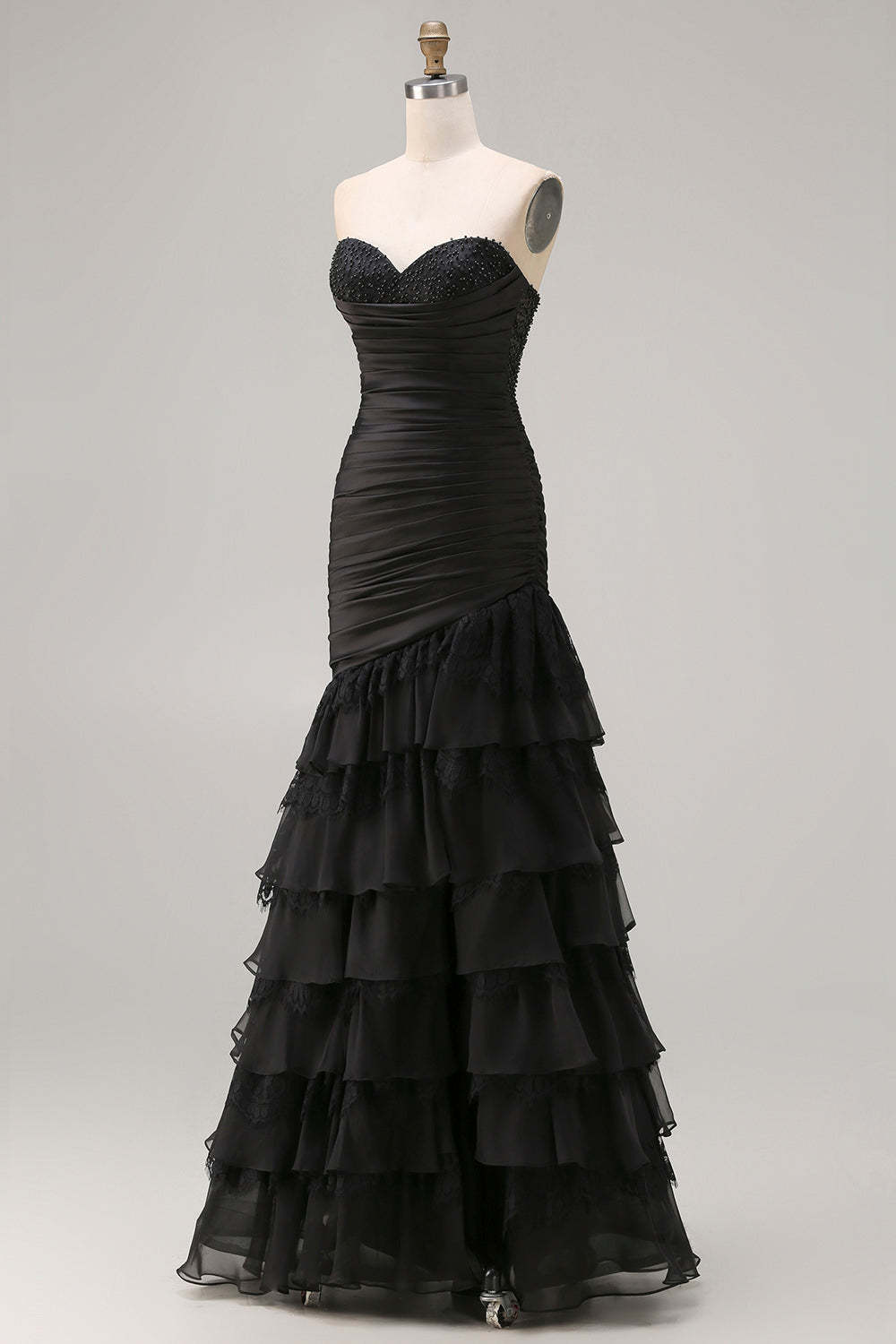 Black Tiered Ruched Mermaid Long Prom Dress with Beading