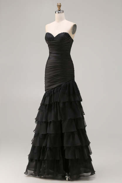 Black Tiered Ruched Mermaid Long Prom Dress with Beading