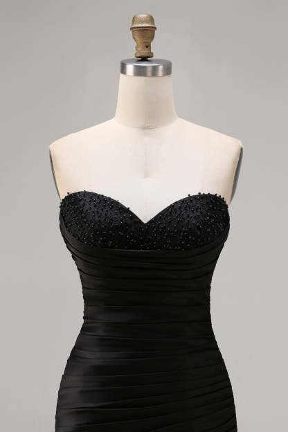 Black Tiered Ruched Mermaid Long Prom Dress with Beading