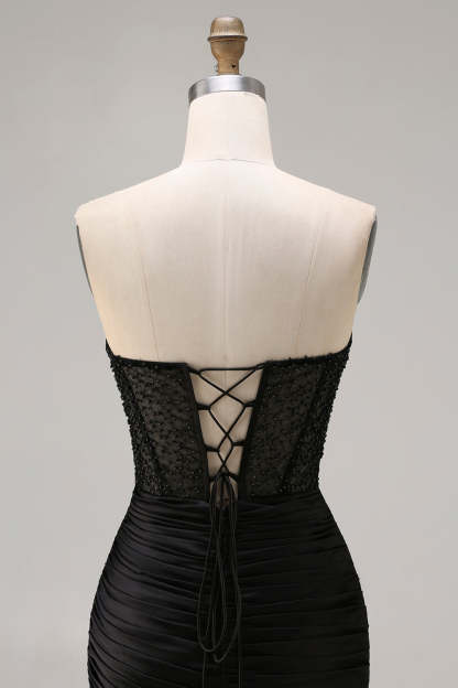 Black Tiered Ruched Mermaid Long Prom Dress with Beading