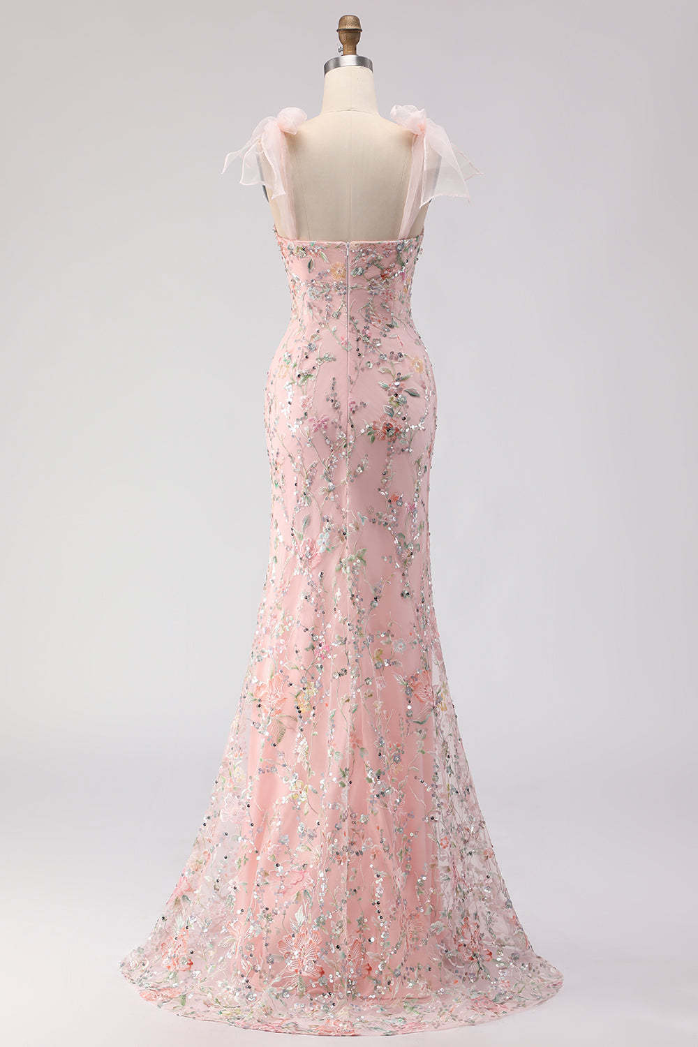 Sparkly Blush Mermaid Sequins Long Floral Prom Dress with Slit