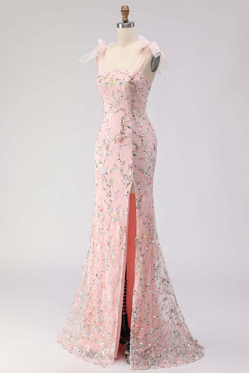 Sparkly Blush Mermaid Sequins Long Floral Prom Dress with Slit