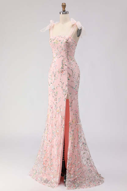 Sparkly Blush Mermaid Sequins Long Floral Prom Dress with Slit