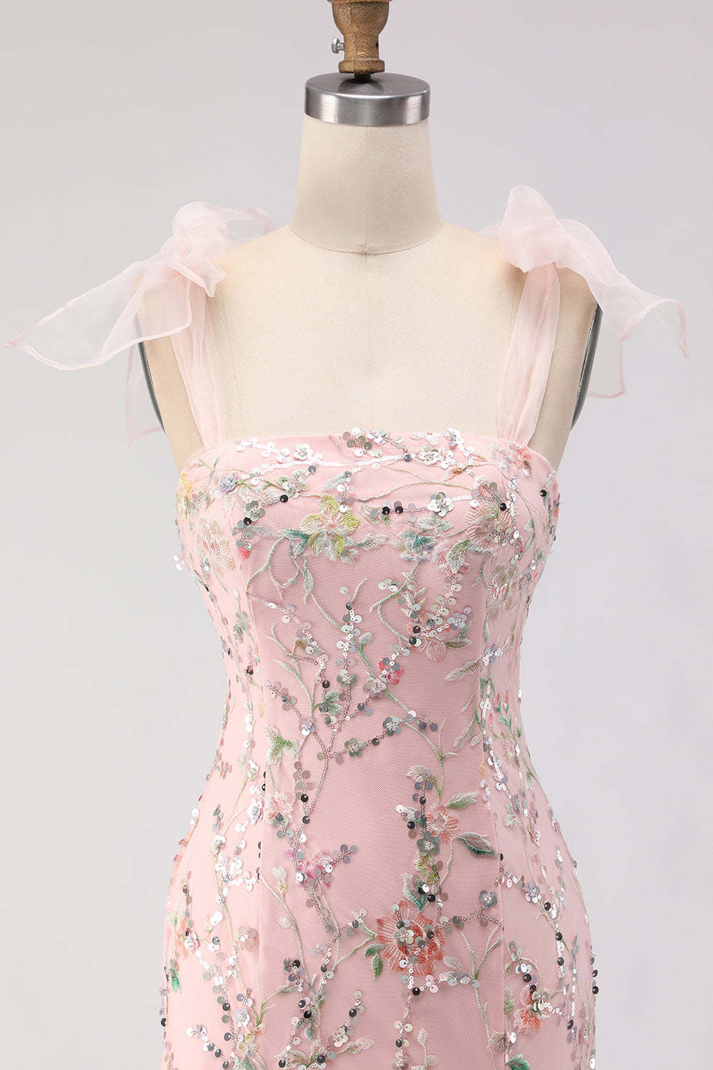 Sparkly Blush Mermaid Sequins Long Floral Prom Dress with Slit