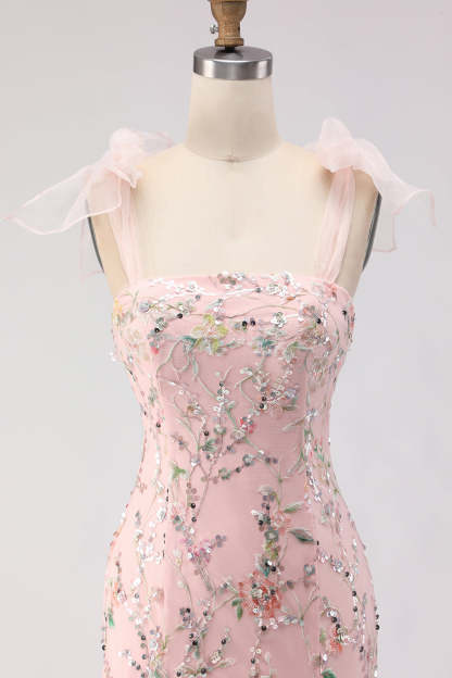 Sparkly Blush Mermaid Sequins Long Floral Prom Dress with Slit