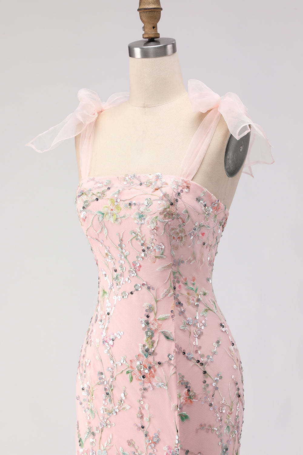 Sparkly Blush Mermaid Sequins Long Floral Prom Dress with Slit