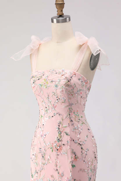 Sparkly Blush Mermaid Sequins Long Floral Prom Dress with Slit