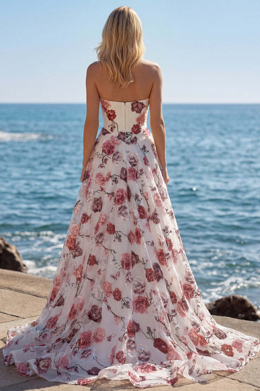 Floral Sparkly A Line White and Red Strapless Long Bridal Dress with Slit