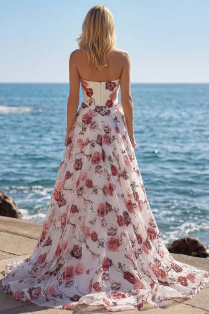 Floral Sparkly A Line White and Red Strapless Long Bridal Dress with Slit