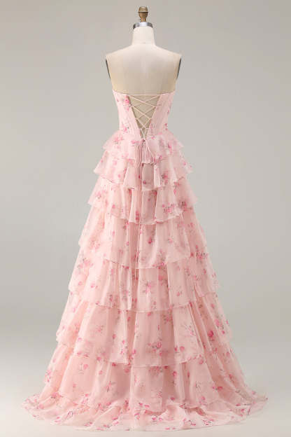 Sparkly Floral Pink and Red Tiered Long Corset Prom Dress with Beading