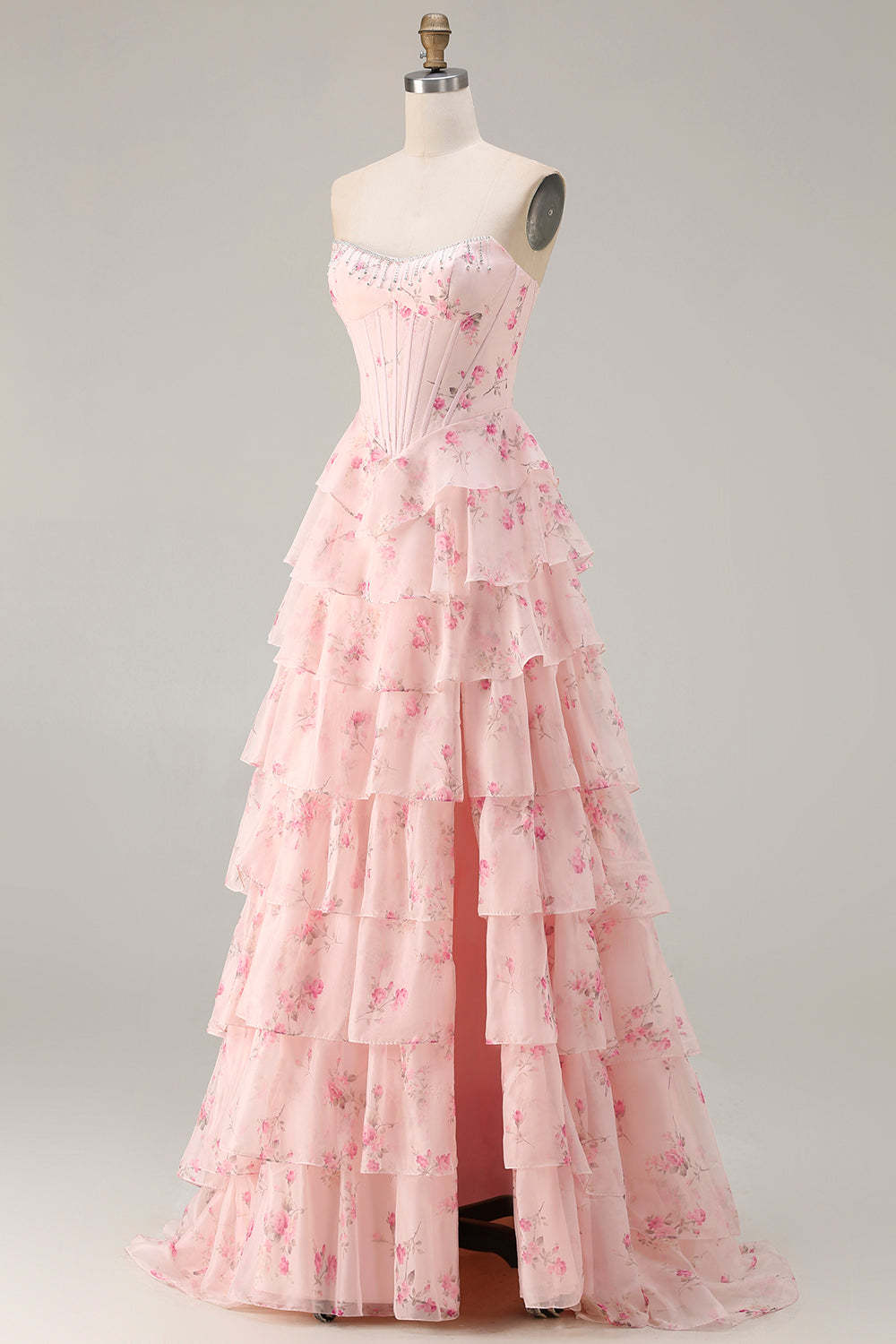 Sparkly Floral Pink and Red Tiered Long Corset Prom Dress with Beading