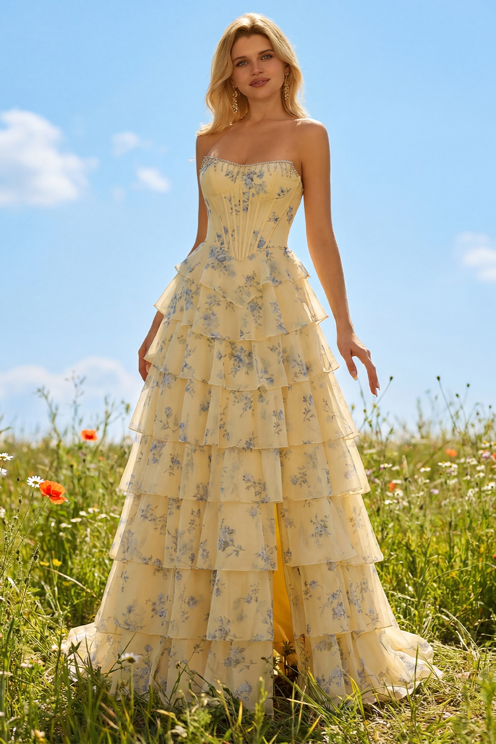 Floral Yellow and Blue Ruffled A Line Long Corset Prom Dress with Slit