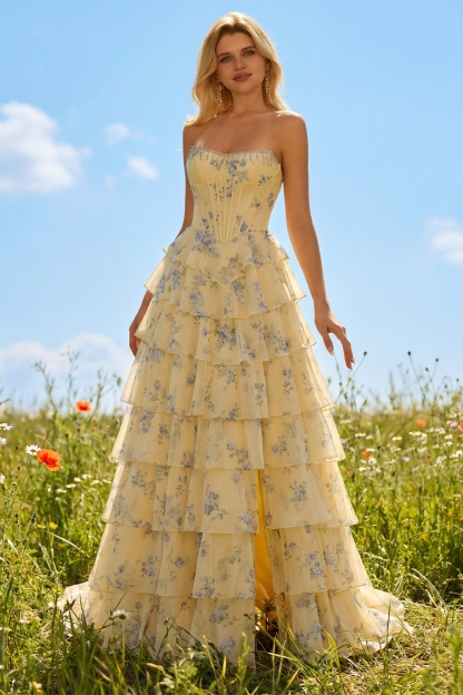Floral Yellow and Blue Ruffled A Line Long Corset Prom Dress with Slit
