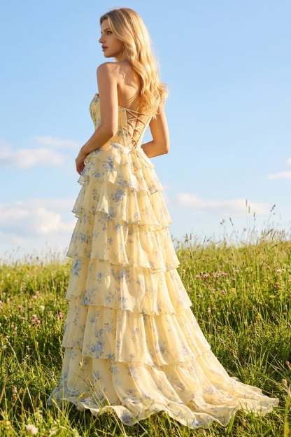 Floral Yellow and Blue Ruffled A Line Long Corset Prom Dress with Slit