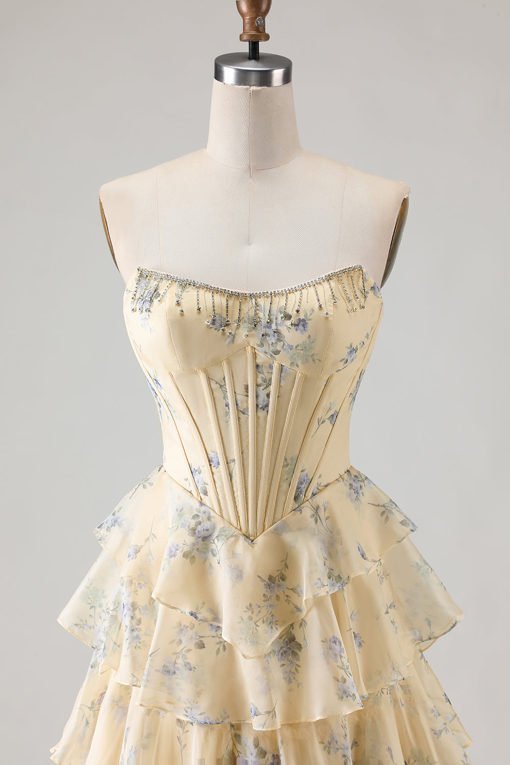 Floral Yellow and Blue Ruffled A Line Long Corset Prom Dress with Slit