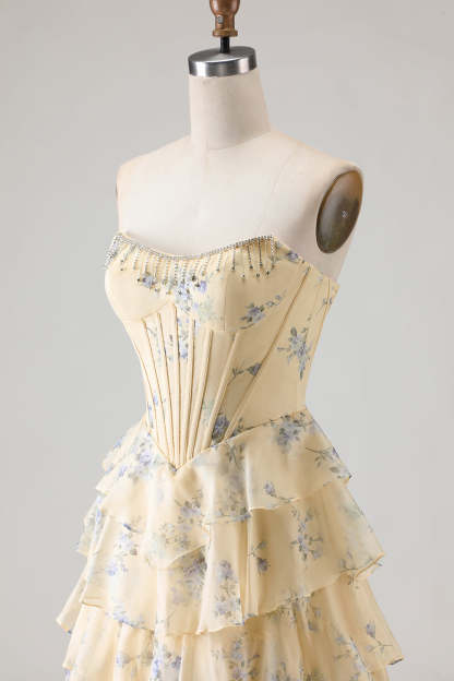 Floral Yellow and Blue Ruffled A Line Long Corset Prom Dress with Slit