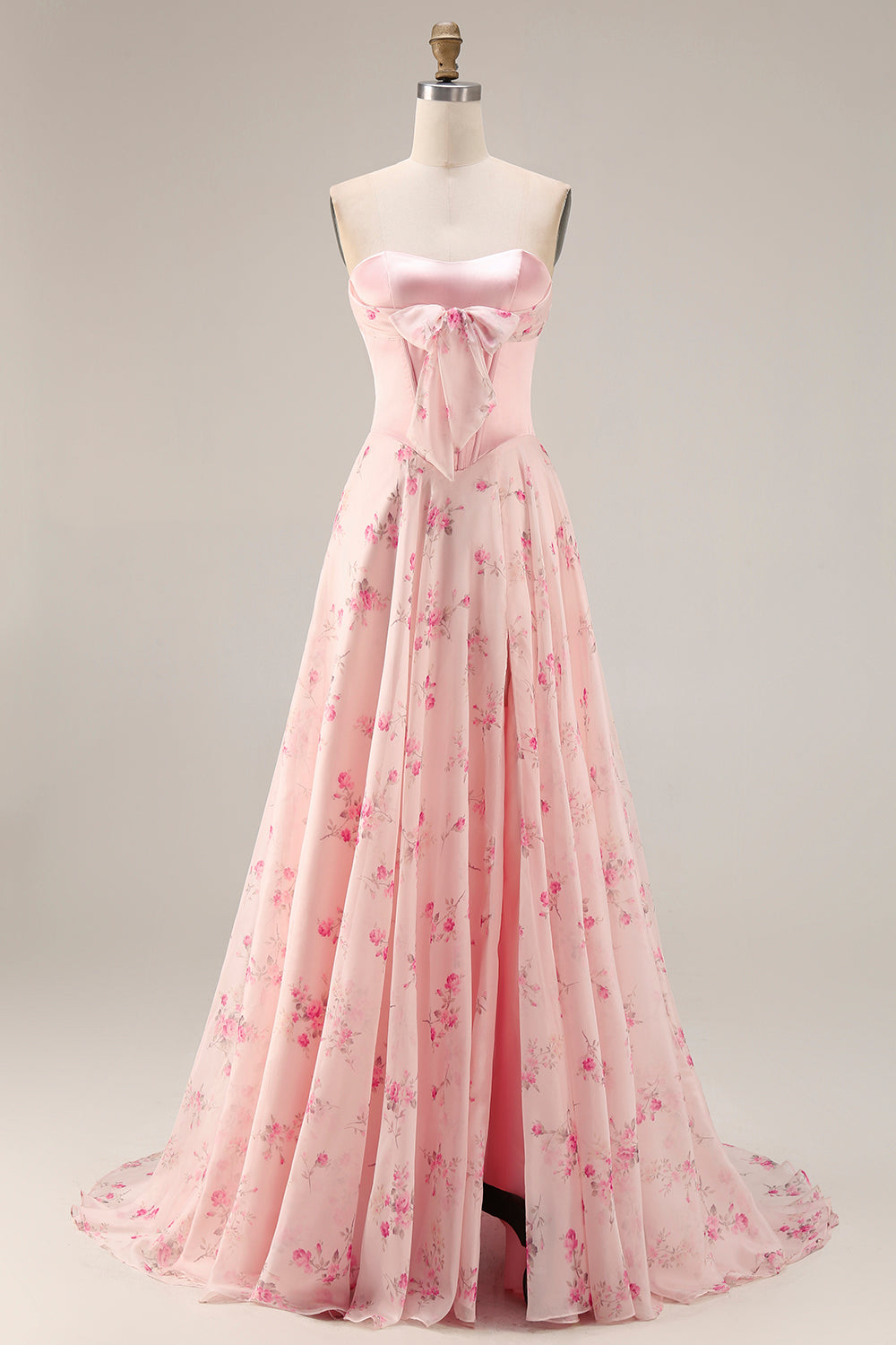 Leely Women Floral Pink and Red Long Corset Prom Dress with Bow A Line Sweetheart Backless Pageant Dress with Slit