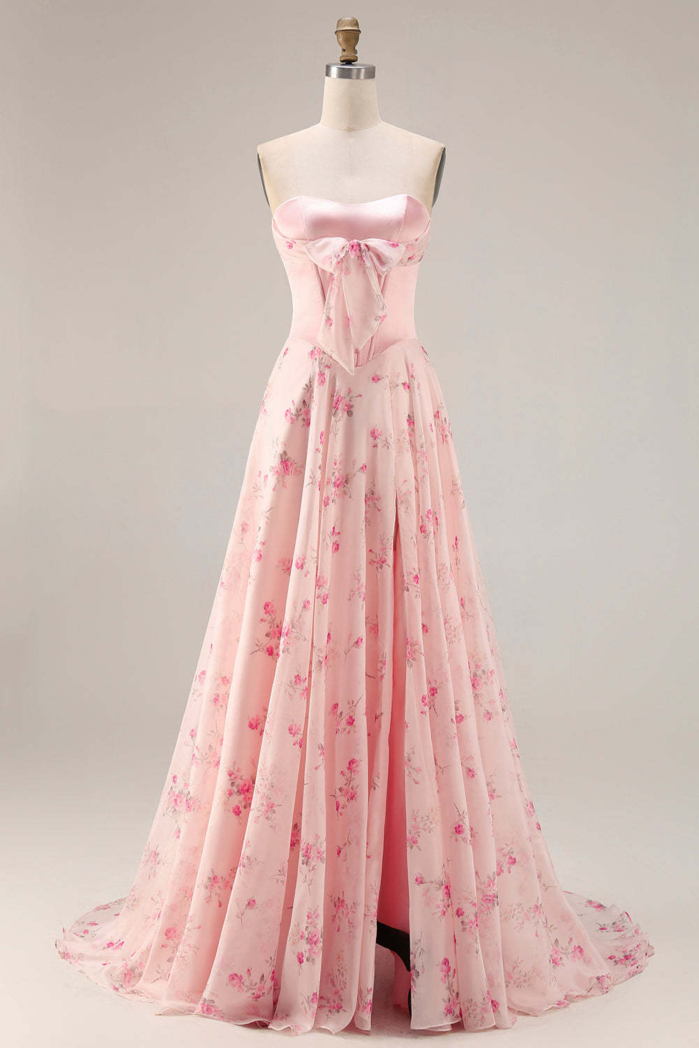 Leely Women Floral Pink and Red Long Corset Prom Dress with Bow A Line Sweetheart Backless Pageant Dress with Slit