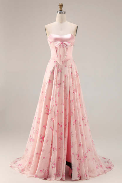 Leely Women Floral Pink and Red Long Corset Prom Dress with Bow A Line Sweetheart Backless Pageant Dress with Slit