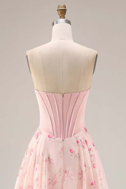Pink and Red Floral Sweetheart A Line Long Corset Prom Dress with Bow