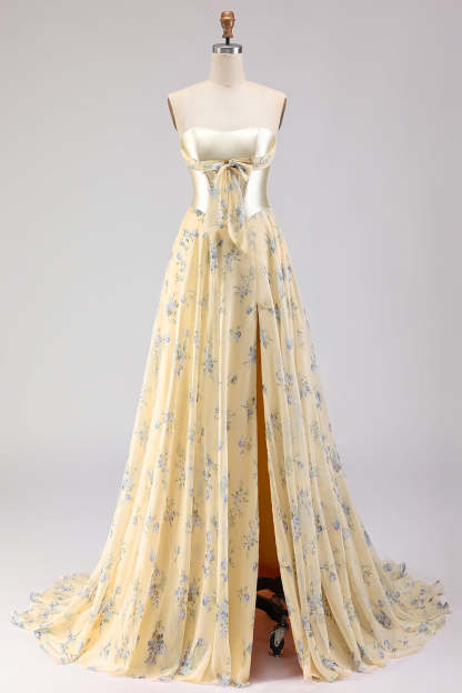 Floral Yellow and Blue A Line Sweetheart Maxi Corset Prom Dress with Bow