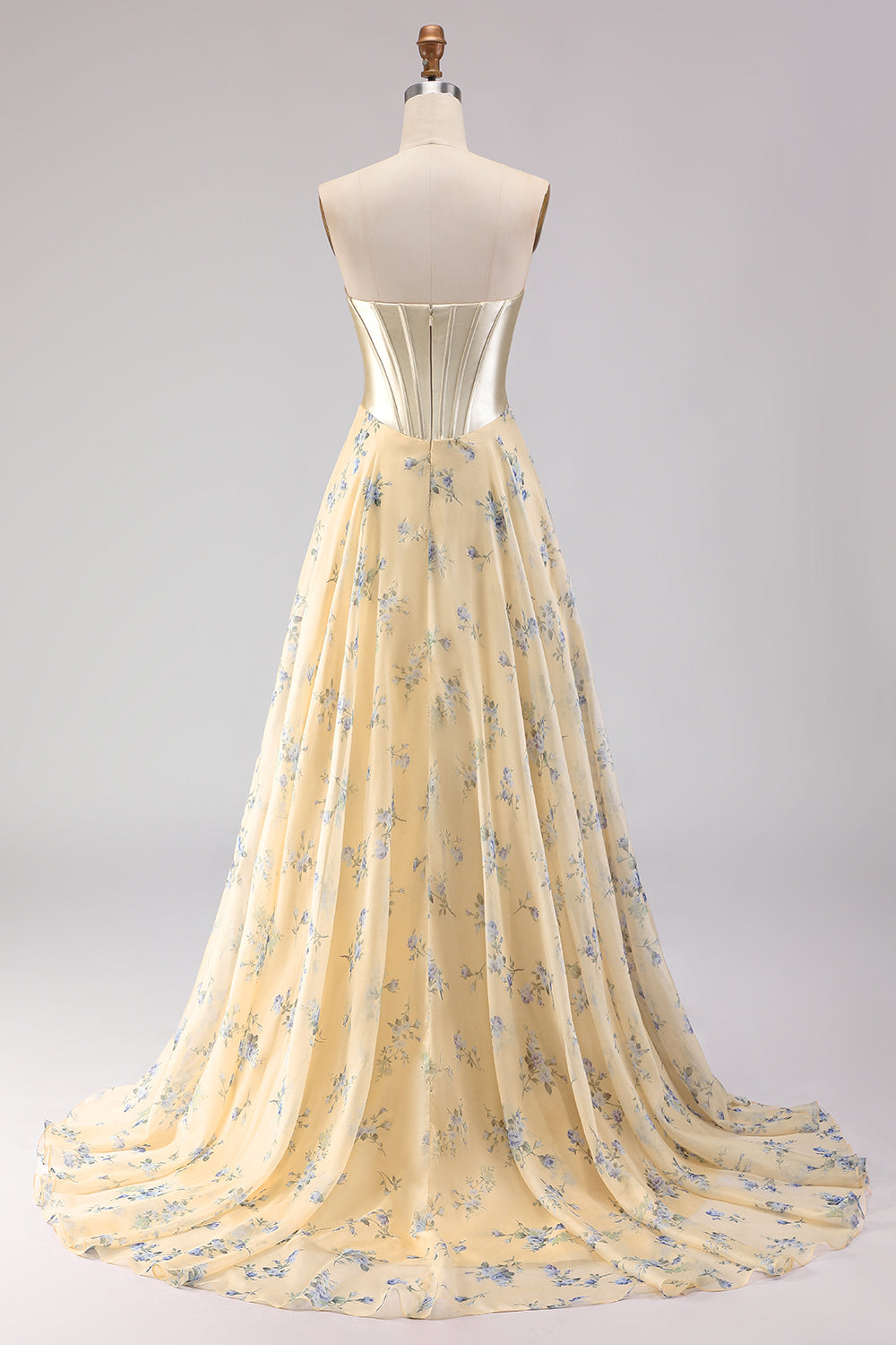 Floral Yellow and Blue A Line Sweetheart Maxi Corset Prom Dress with Bow