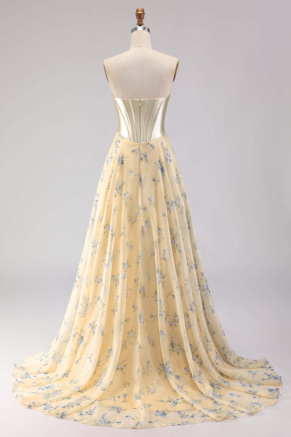 Floral Yellow and Blue A Line Sweetheart Maxi Corset Prom Dress with Bow