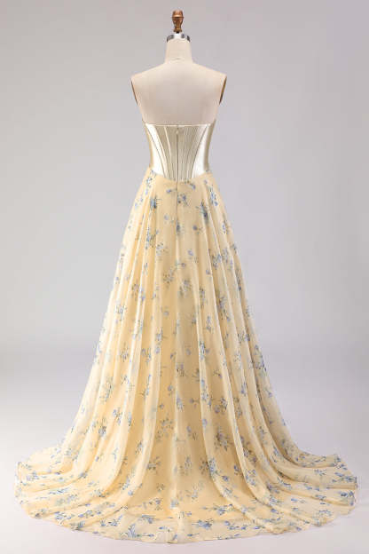 Floral Yellow and Blue A Line Sweetheart Maxi Corset Prom Dress with Bow