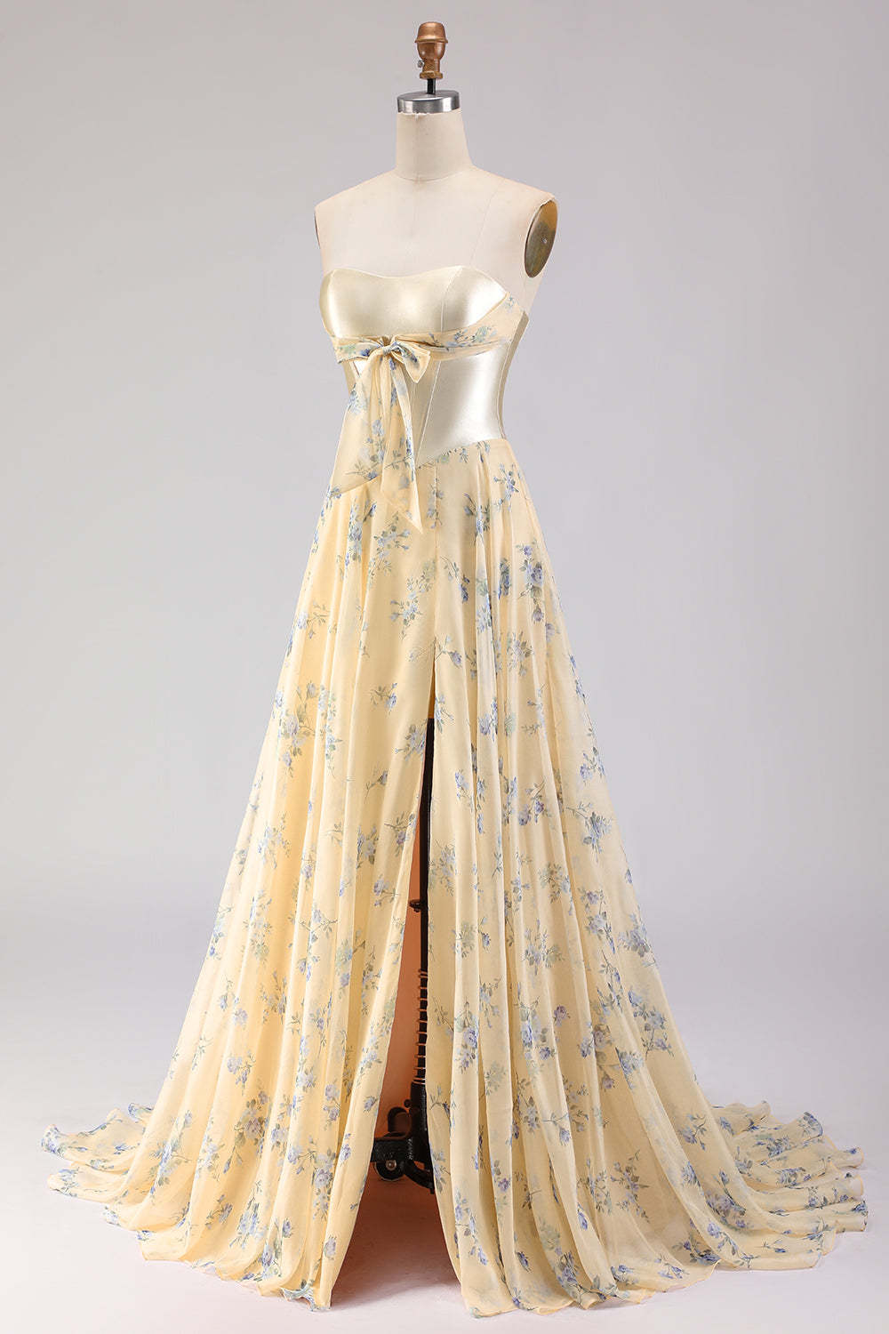 Floral Yellow and Blue A Line Sweetheart Maxi Corset Prom Dress with Bow