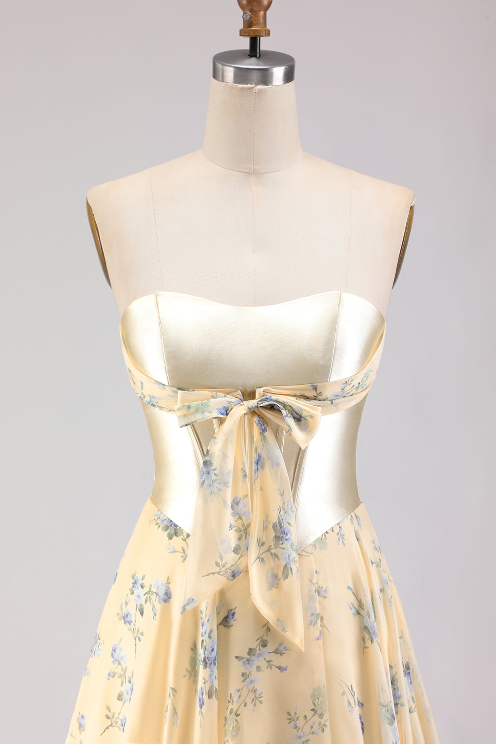 Floral Yellow and Blue A Line Sweetheart Maxi Corset Prom Dress with Bow