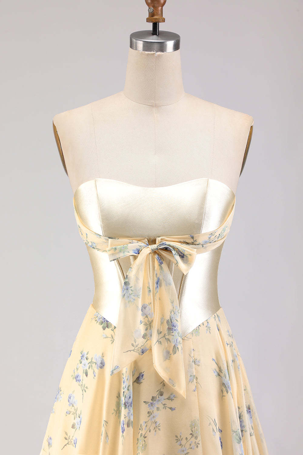 Floral Yellow and Blue A Line Sweetheart Maxi Corset Prom Dress with Bow