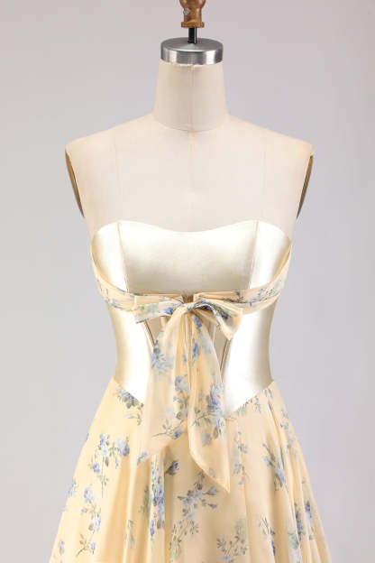Floral Yellow and Blue A Line Sweetheart Maxi Corset Prom Dress with Bow