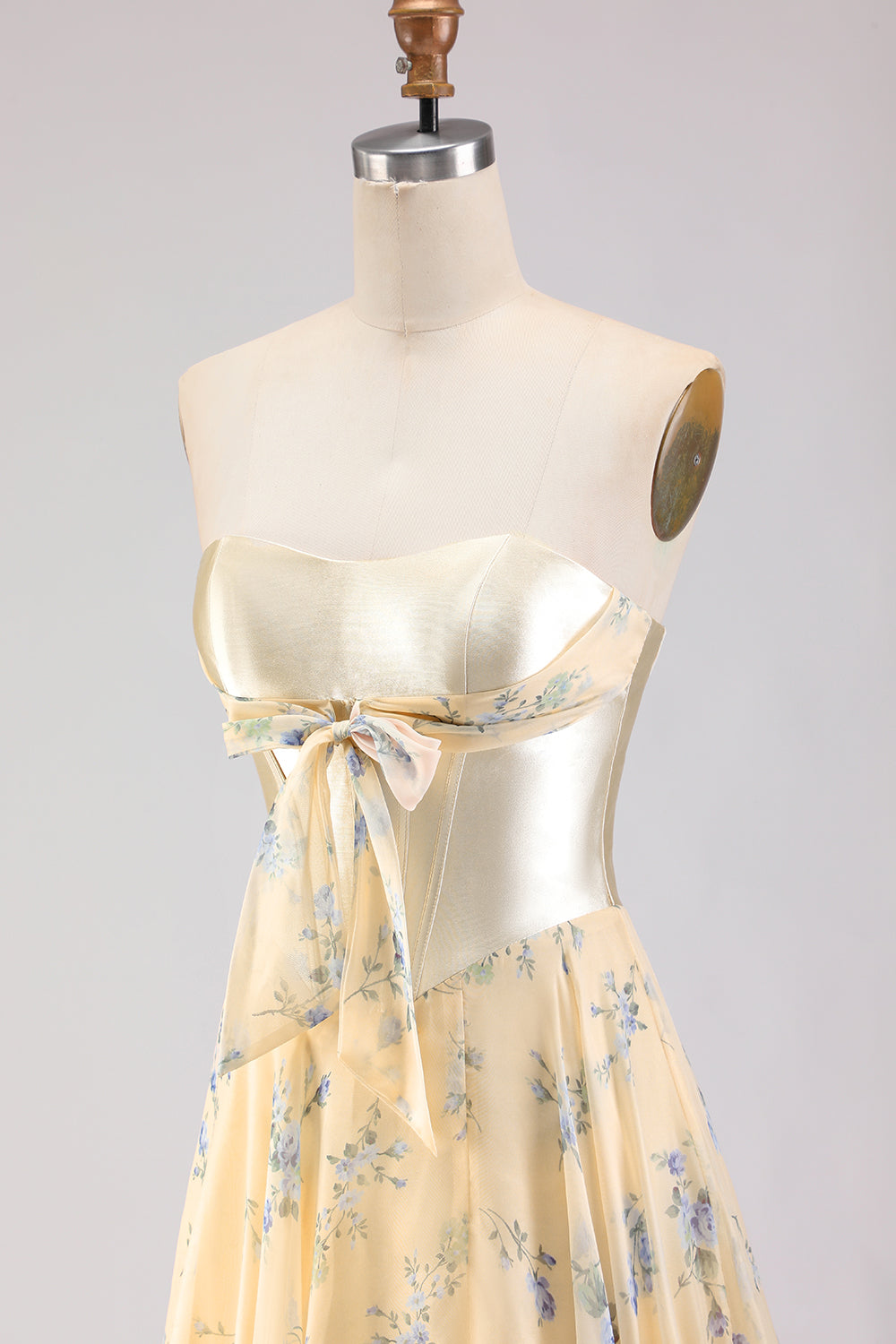 Floral Yellow and Blue A Line Sweetheart Maxi Corset Prom Dress with Bow