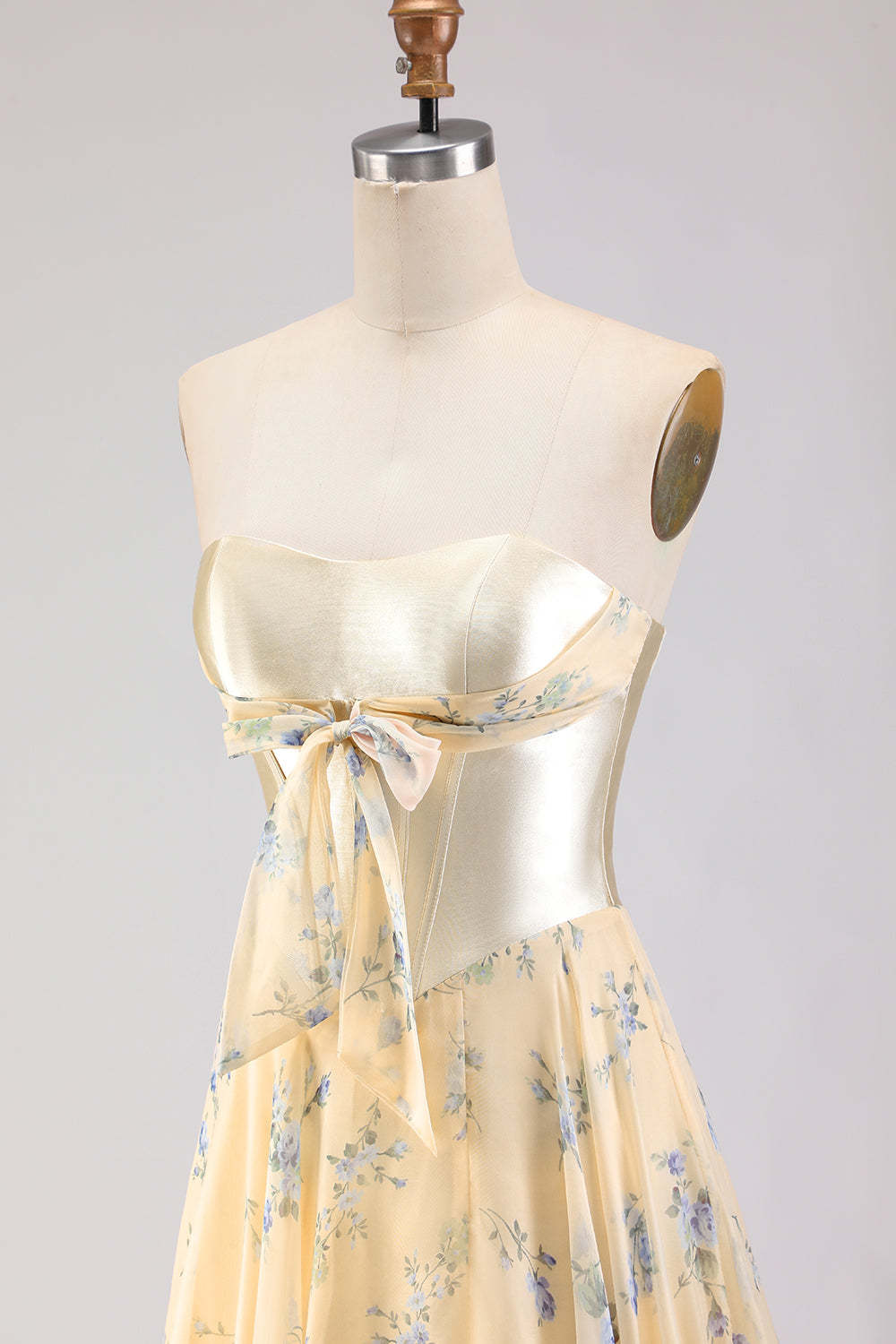 Floral Yellow and Blue A Line Sweetheart Maxi Corset Prom Dress with Bow