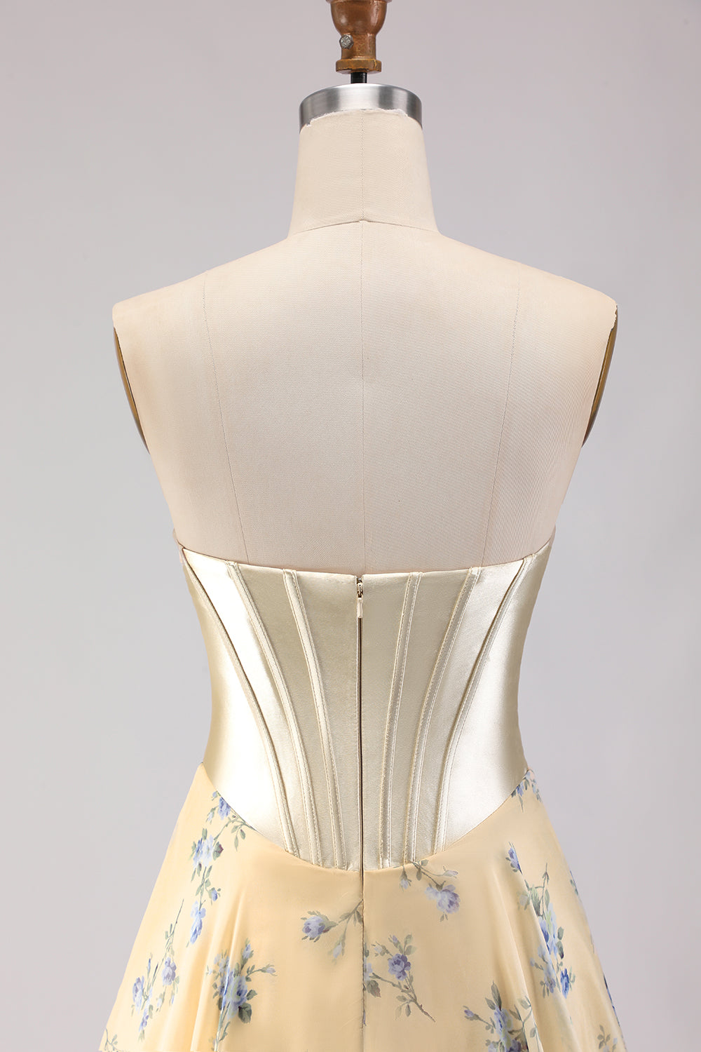 Floral Yellow and Blue A Line Sweetheart Maxi Corset Prom Dress with Bow