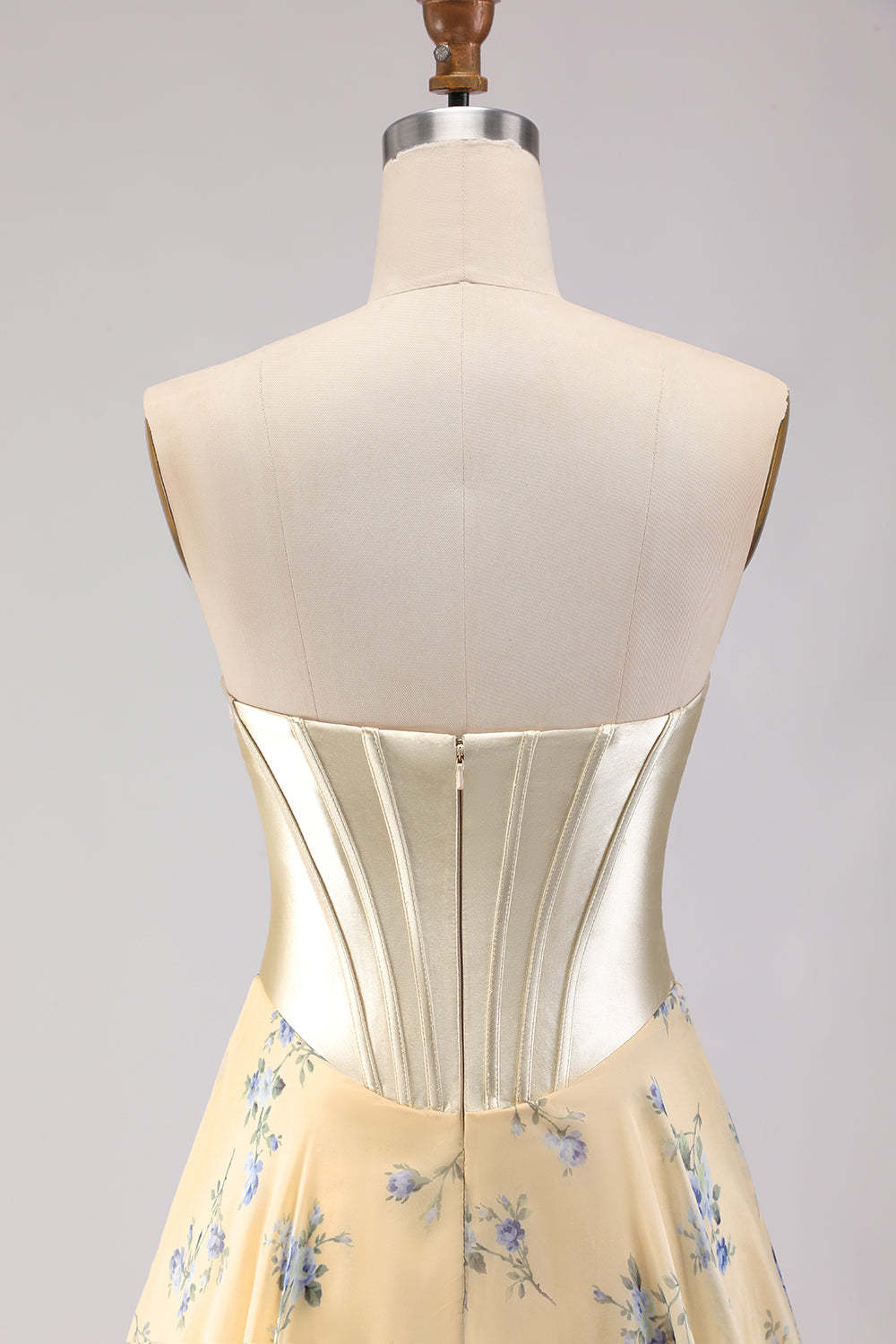 Floral Yellow and Blue A Line Sweetheart Maxi Corset Prom Dress with Bow