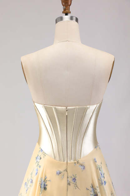 Floral Yellow and Blue A Line Sweetheart Maxi Corset Prom Dress with Bow