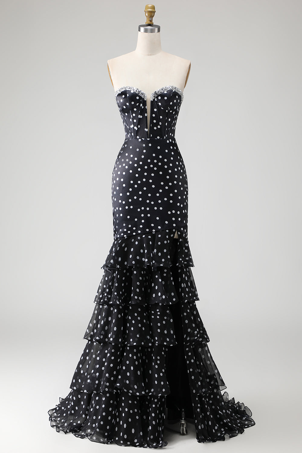 Black and White Mermaid Ploka Dots Corset Long Prom Dress with Ruffles