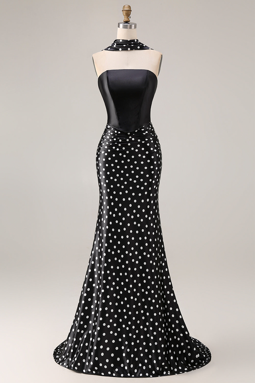Black and White Polka Dots Neck Scarf Long Mermaid Prom Dress