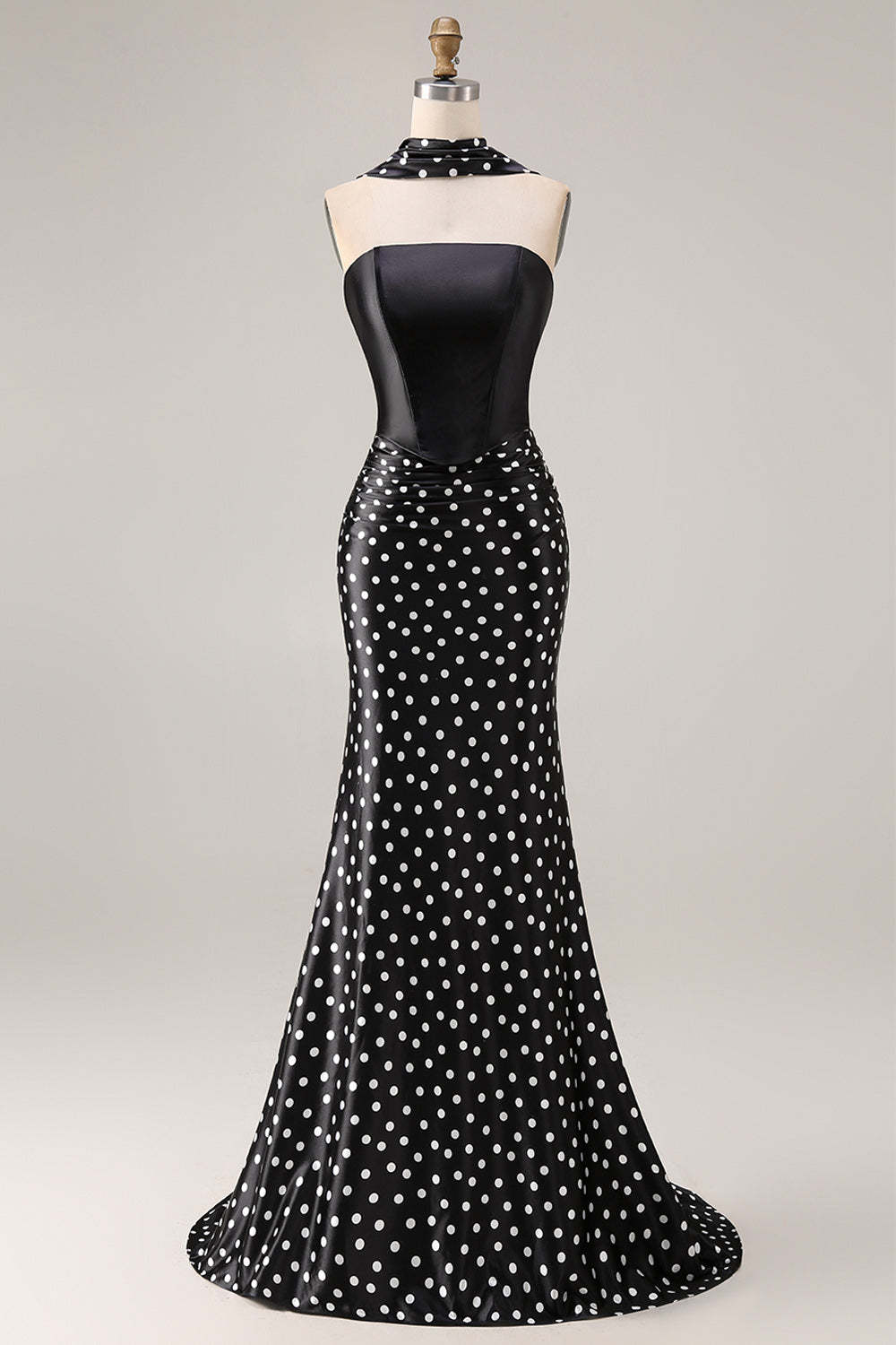 Black and White Polka Dots Neck Scarf Long Mermaid Prom Dress