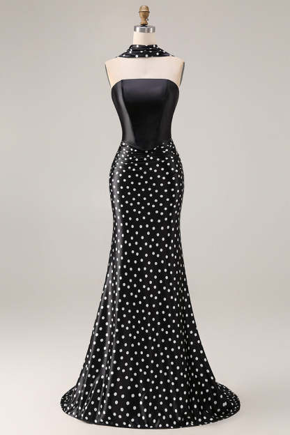 Black and White Polka Dots Neck Scarf Long Mermaid Prom Dress