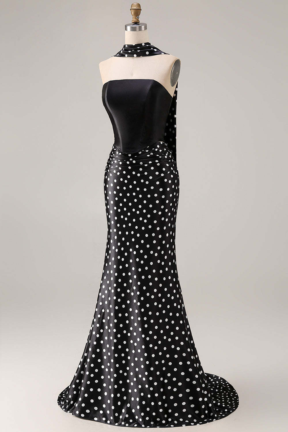 Black and White Polka Dots Neck Scarf Long Mermaid Prom Dress
