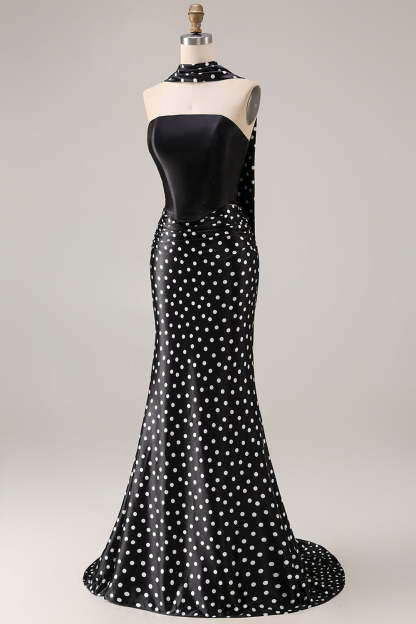 Black and White Polka Dots Neck Scarf Long Mermaid Prom Dress