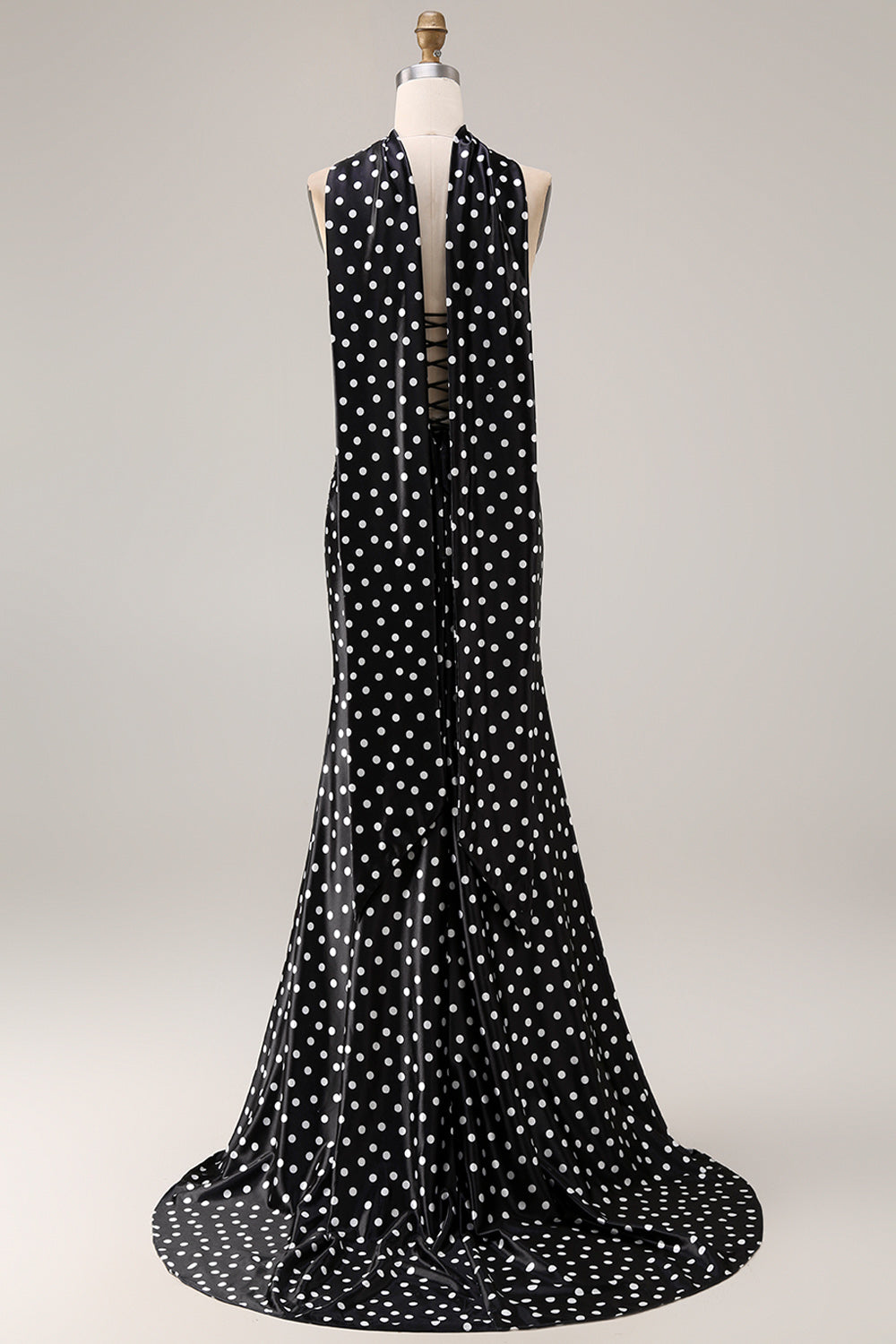 Black and White Satin Polka Dots Mermaid Neck Scarf Long Prom Dress