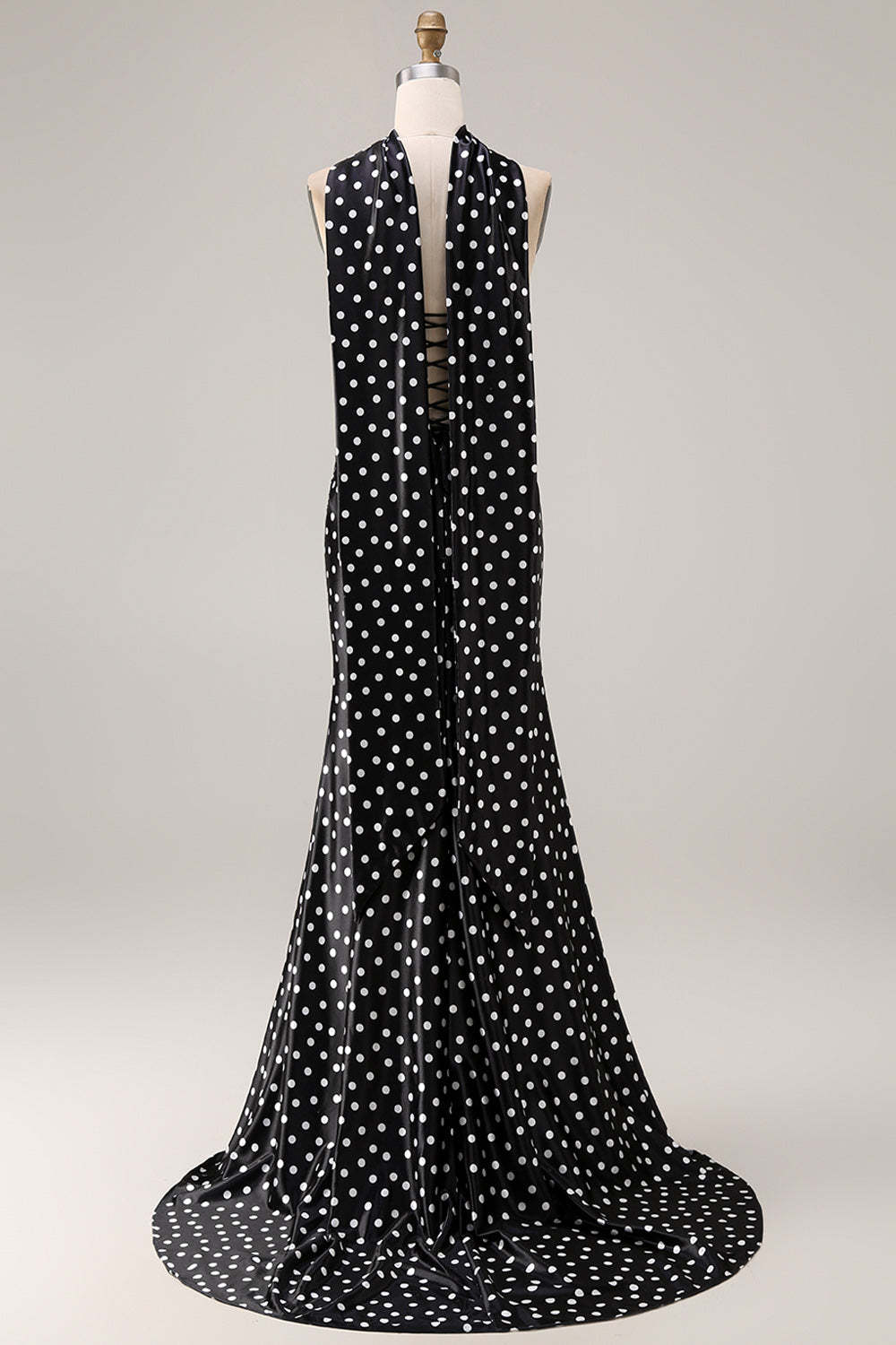 Black and White Polka Dots Neck Scarf Long Mermaid Prom Dress