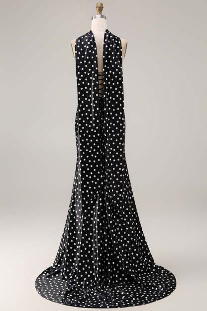 Black and White Polka Dots Neck Scarf Long Mermaid Prom Dress