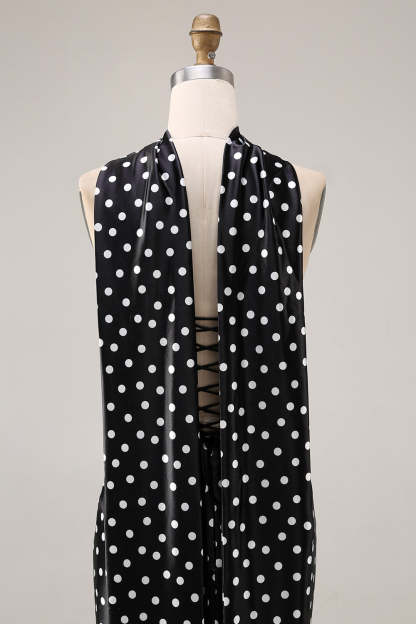 Black and White Polka Dots Neck Scarf Long Mermaid Prom Dress