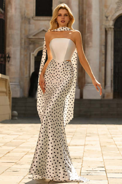 Black and White Polka Dots Neck Scarf Long Mermaid Prom Dress