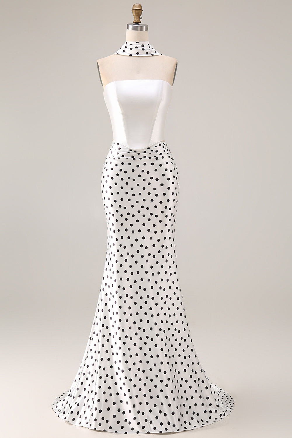 Black and White Polka Dots Neck Scarf Long Mermaid Prom Dress