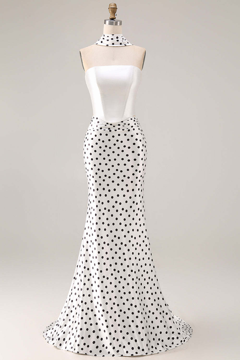 Leely Women Black and White Polka Dots Long Satin Prom Dress Mermaid Neck Scarf Evening Dress